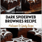 Dark chocolate goth-style brownies with white spiderweb icing for spooky Halloween sweets.